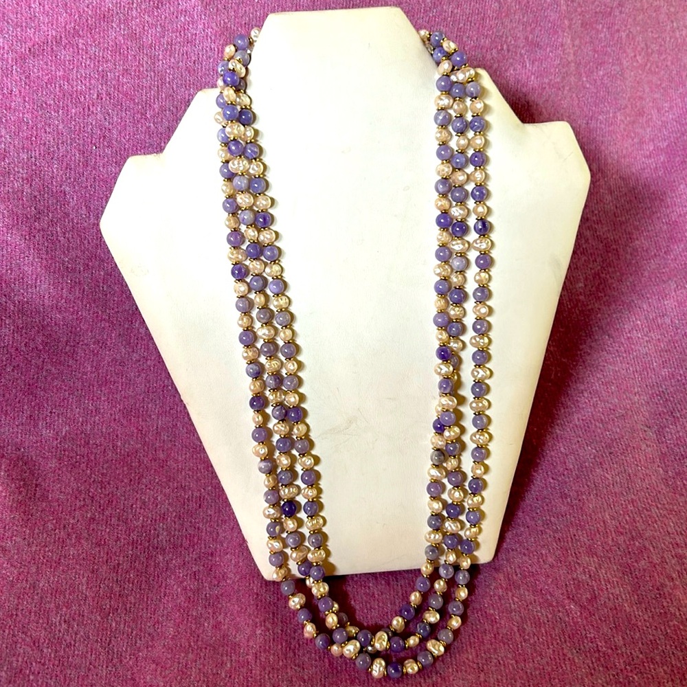 Lavender bead and faux pearl necklace. Long single strand
